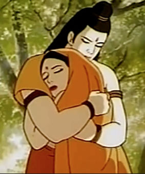 Rama and Sita reunited after a painful 4 years. Sita relieved to see Rama alive